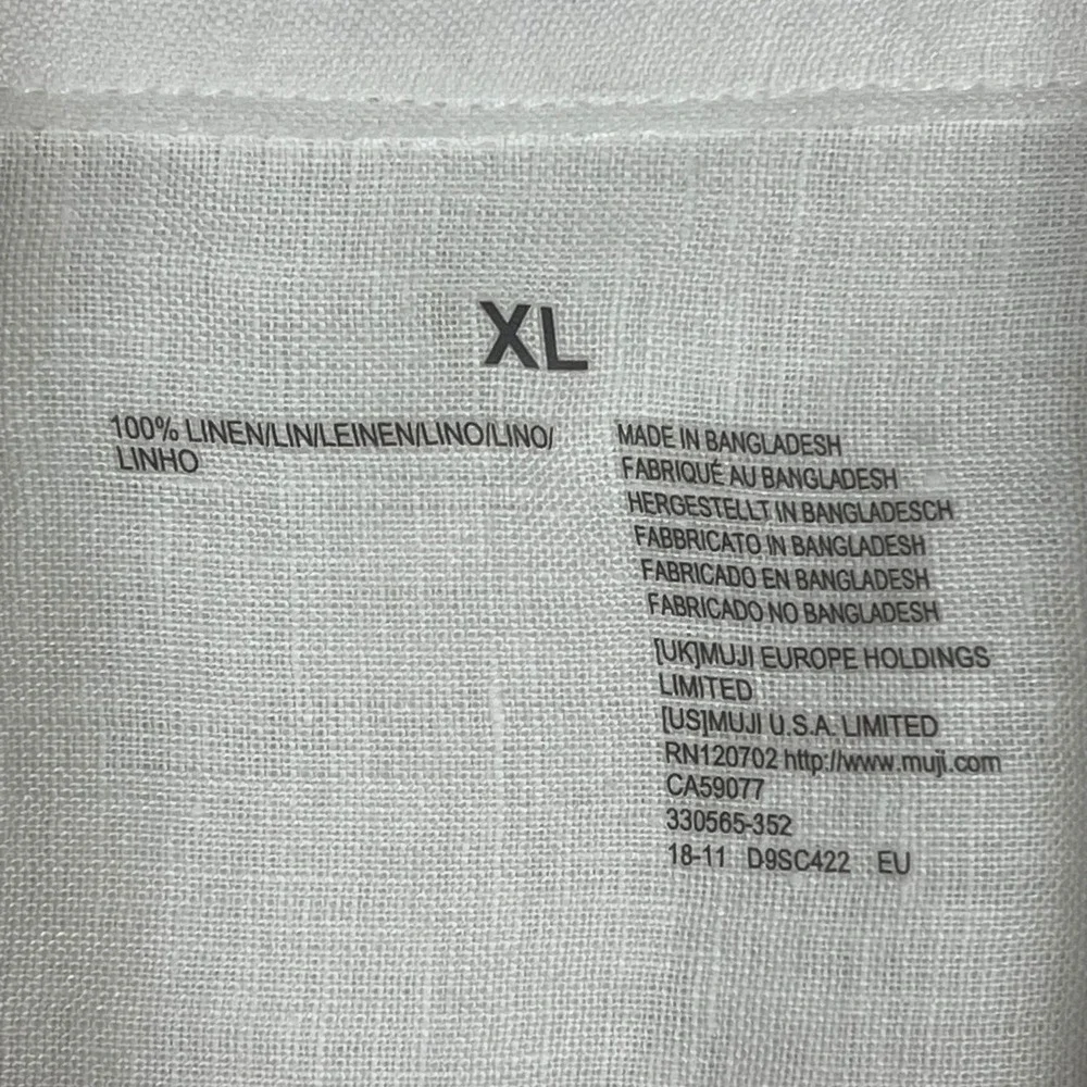 Muji Mens XL White 100% Linen Button Down Shirt 3/4 Sleeve Minimalist Coastal